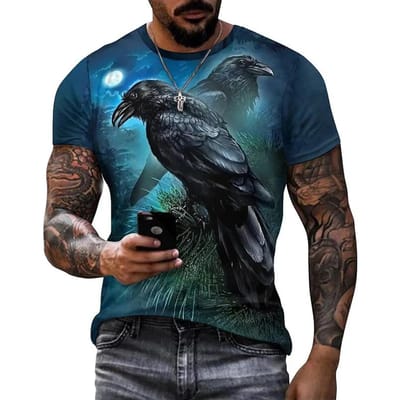 T-shirt imprimé 3D Punk Crow Dark Mighty Raven pour hommes, streetwear décontracté, t-shirts pour femmes, hauts surdimensionnés graphiques d'oiseaux décontractés 5XL gray