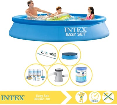 Intex Rond Opblaasbaar Easy Set Zwembad - 305 x 61 cm - Blauw - Inclusief Afdekzeil - Onderhoudspakket - Zwembadfilterpomp - Filter - Stofzuiger - 6-delig