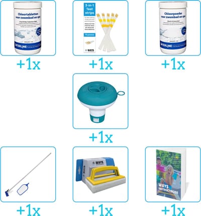 Zwembad Onderhoudspakket - Onderhoud Zwembad - bevat Chloor - Testrips - Chloor - Chloordrijver - Schoonmaakset - Scrubborstel en Zwembadgids (7-delig)