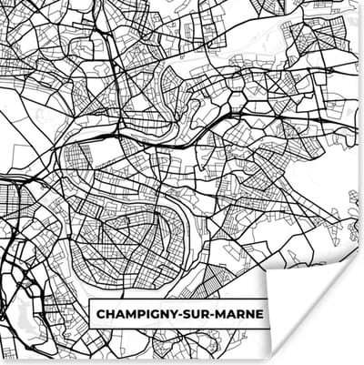 Poster Stadskaart - Champigny-sur-Marne - Plattegrond - Kaart - Frankrijk - Zwart wit - 100x100 cm XXL
