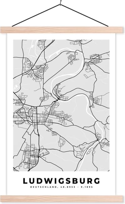 Posterhanger incl. Poster 40x60 cm - Schoolplaat - Plattegrond - Duitsland - Ludwigsburg - Kaart - Stadskaart - Textielposter - Blanke latten - Stadskaart