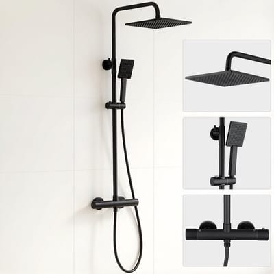 CECIPA MAX® Regendouche RVS - Doucheset - 25.4 cm Douchekop - Vierkante Handdouche - Inclusief thermostaatkraan - Verstelbare hoogte 88-124 cm -Regendoucheset - Zwart