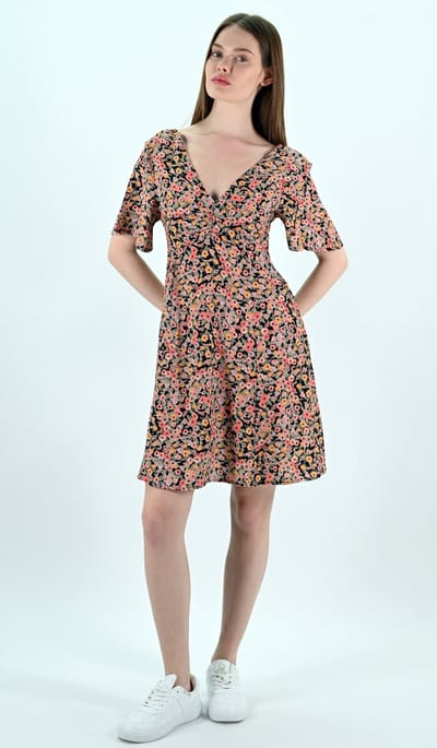 YesMooi - Mini Jurk met Bloemenprint - V-hals en Open Rug - L (40) - Roze | Oranje | Beige