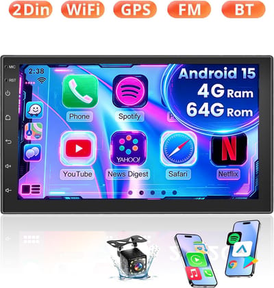 ESSGOO Autoradio 2Din Universeel - Android 15 - Apple Carplay & Android Auto (Draadloos) - 7 Inch HD Touchscreen - 4+64GB - GPS Navigatiesysteem - USB, WiFi, Bluetooth - 12 LEDs Achteruitrijcamera