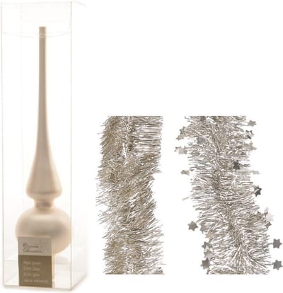 Kerstversiering glazen piek mat 26 cm en folieslingers pakket licht parel/champagne van 3x stuks - Kerstboomversiering