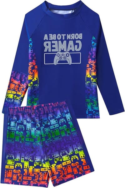 2-delig jongens zwemset met gaming ontwerp, lange mouwen UV rashguard en zwemshorts, geschikt voor kinderen van 5-14 jaar, ideaal voor strand en zwembad