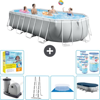 Intex Ovaal Prism Frame Zwembad - 610 x 305 x 122 cm - Grijs - Inclusief Pomp - Ladder - Grondzeil - Afdekzeil Onderhoudspakket - Filters