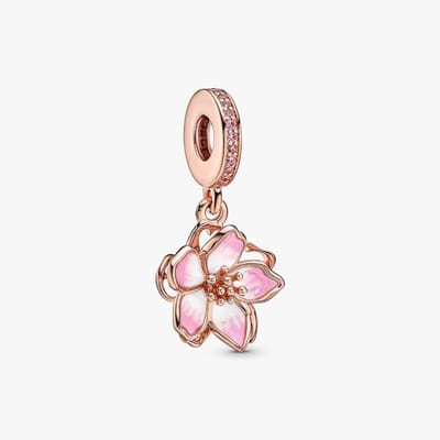Fler® | Bedel | Past op populaire bedelarmbanden (standaard - 3mm) | Roségouden Bloesem Bedel | kersenbloesem Charm | 925 sterling zilver | Bloem bedel | zirkonia | emaille | Armband Kraal | Valentijnsdag Cadeau | Sinterklaas kado | Kerstcadeau