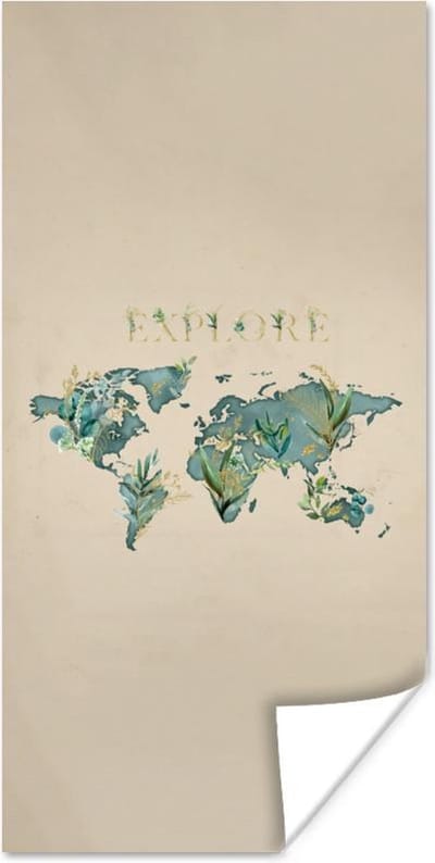 Poster Wereldkaart - Planten - Water - 75x150 cm