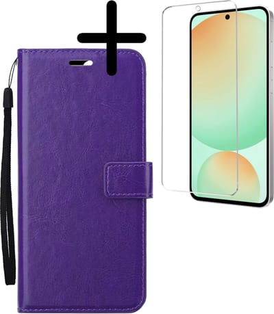 Hoesje Met Screenprotector - Geschikt voor Samsung Galaxy S24 FE - Luxe Pasjeshouder - Bookcase Portemonee - Flip Case - Kunstleer Book Case - Flipcase - Book Cover - Walletcase - Portemonneehoes - Paars