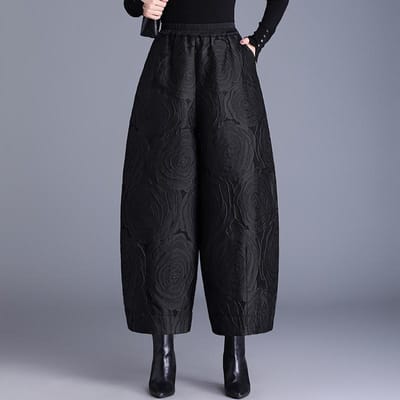 Winter Dames Jacquard Wijde Pijpen Broek Casual Warme Donskatoenen Broek Negenpunts Pofbroek Laarzen 2XL black