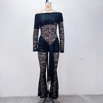 Combinaison Sexy Slim en Dentelle pour Femmes Nouvelle Manches Longues Épaules Dénudées Perspective Bombe Moulante Plissée L noir