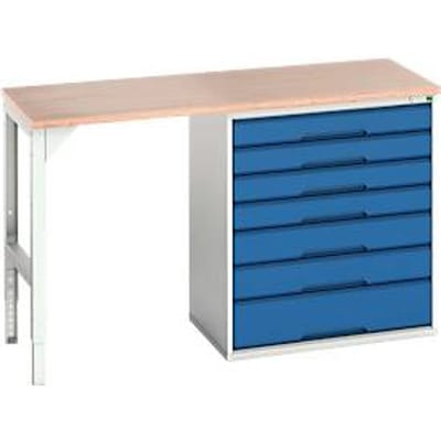 Onderbank Bott verso, multiplex legbord, 7 laden, B 1500 x D 600 x H 930 mm, lichtgrijs / gentiaanblauw