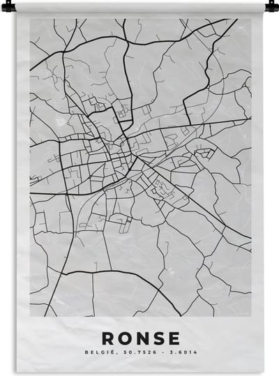 Wandkleed - Wanddoek - Plattegrond – Ronse – Zwart Wit – Stadskaart - Kaart - 120x180 cm - Wandtapijt