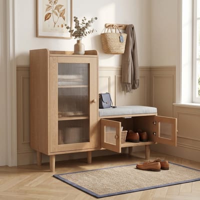 Schoenenkast met zitkussen - 100x35x69.5cm - Verstelbare planken - Glazen deuren - Hout - Modern - Naturel