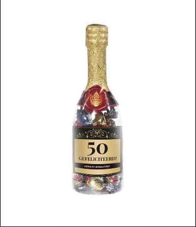 Drop - Champagnefles - 50 jaar - Gevuld met Drop - In cadeauverpakking met gekleurd lint