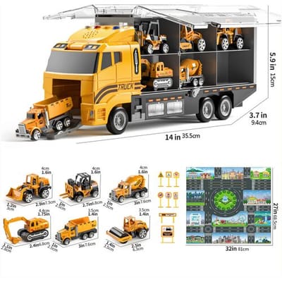 TEMI Speelgoedset met bouwvoertuig en speelmat, inclusief die-cast speelgoedauto, transporttruck voor kinderen van 3-5, verjaardagscadeaus en