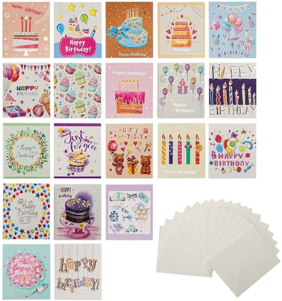 Dailygoods- Verjaardagskaart set 20-delig - Kleine Wenskaarten - Met Envelop - Geschikt voor Mannen/Vrouwen/Kinderen - 14 x 8,2 cm - Diverse Patronen - Wenskaart