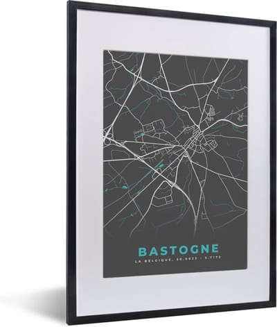 Fotolijst incl. Poster - Kaart – Plattegrond – Stadskaart – Bastogne – België - Grijs - 30x40 cm - Posterlijst