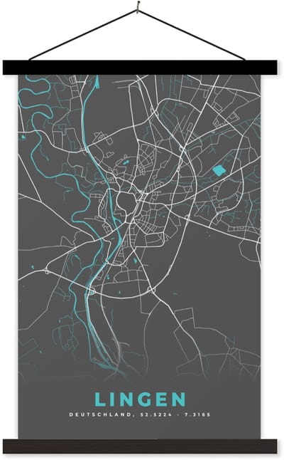 Posterhanger incl. Poster 40x60 cm - Schoolplaat - Stadskaart – Kaart – Lingen – Blauw – Duitsland – Plattegrond - Textielposter - Zwarte latten - Stadskaart