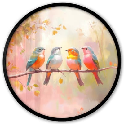 Poster in lijst Rond - Fotolijst 40x40 cm - Posters - Vogels - Kleurrijk - Tak - Ronde posterlijst zwart - Decoratie - Wanddecoratie woonkamer - Muurdecoratie slaapkamer
