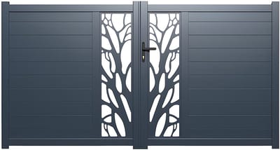 Vente-unique Halfopengewerkte aluminium draaipoort met motief L300 x H179 cm antraciet LABRIT II