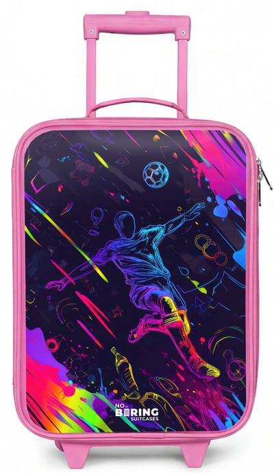 NoBoringSuitcases.com® - Kinderkoffer roze - Kindertrolley meisje - Neon actievolle voetbalspeler - Koffer kind lichtgewicht - Reiskoffer trolley voor kinderen - Koffertje met lichtgevende wieltjes - Rolkoffer