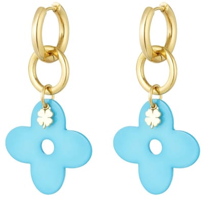 Joy Ibiza - Klaver bedel oorbellen - oorringen met 2 klavers - turquoise blauw - klap scharnier - ear party boho - bohemian bloem - stainless steel - ip/pvd goldplated