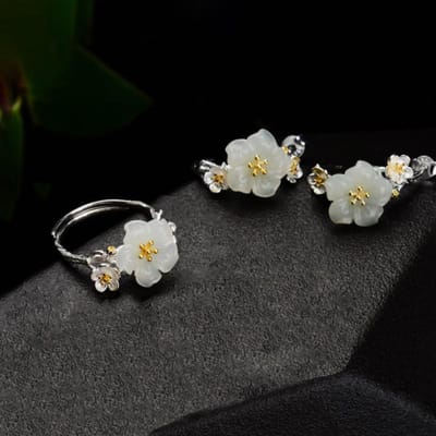Natuurlijke An Jade Pruimenbloesem Sieradensets Elegante En Luxe Ring Oorbellen Voor Vrouwen Bruiloft Accessoires black