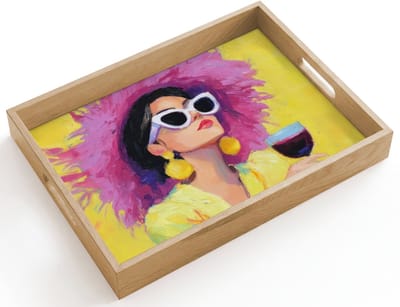 Dienblad hout 40x30 cm - Schootdienblad - Vrouw - Hoed - Paars - Wijn - Borrelplank rechthoek - Plateau dienbladen