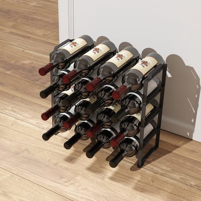 MEUNIQ Wijnrek voor 16 flessen - vierlaags flessenrek van metaal, stapelbaar design met golvende flessenhouders, 42,5 x 16,5 x 41 cm, zwart