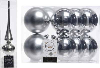 Kerstboom decoratie zilver piek en 12x kerstballen 10 cm