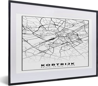 Fotolijst incl. Poster Zwart Wit- Stadskaart – Zwart Wit - Kaart – Kortrijk – België – Plattegrond - 40x30 cm - Posterlijst