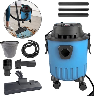 15L Nat en Droog Stofzuiger met Wielonderstel, Complete Accessoire Set – 5 Meter Kabel, Filter, Geluiddemper, Vloerborstel & Verlengbuizen voor Garage, Huis en Werkplaats