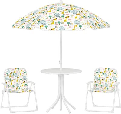 Sweiko Kinderzitjeset - Tuintafel + 2 klapstoelen - Met parasol - Wit
