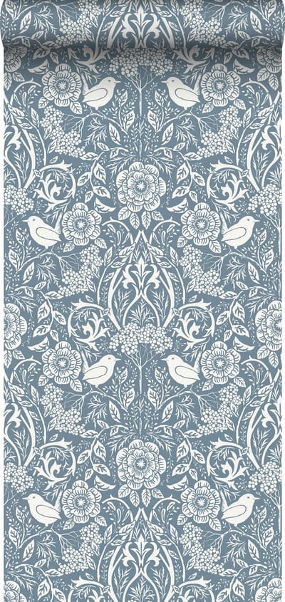 ESTAhome behang bloemen en vogels in art nouveau stijl vergrijsd blauw - 53 cm x 10.05 m - 139477
