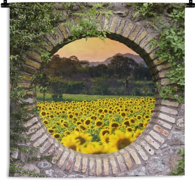 Wandkleed - Wanddoek - Doorkijk - Bloemen - Zonnebloem - 180x180 cm - Wandtapijt