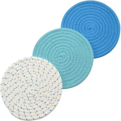 Allecto - Boerderij Stof Gevlochten Absorberende Coasters - Katoen Draad Materiaal - Pot houder - Thee Cup Houder - Warmte-Isolatie Pad - Blauwe Serie - Geschikt voor Keukengebruik 7 "3 Stuks