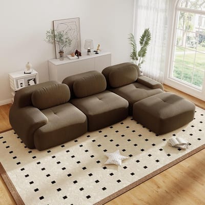 Moderne Hoekbank, L-Bank, 3-Zitsbank, Moderne 298 cm Brede, Converteerbare Hoekbank met Voetenbank, L-vormige Modulaire Corduroy Bank, Samendrukbare Bank voor 3-6 Personen voor de Woonkamer, Extra Diepe Zitting, Geen Montage Nodig-Brown