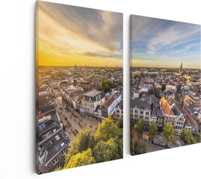 Artaza Canvas Schilderij Tweeluik Groningen Skyline Stad bij Zonsondergang - 80x60 - Foto Op Canvas - Canvas Print