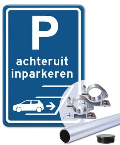 Parkeerbord Achteruit inparkeren - blauw - Weerbestendig Aluminium - 40x60 cm - Bevestiging: Met paal 150 cm + paalbeugels + paaldop