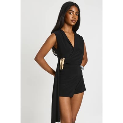 boohoo Dames Zachte Aanraking Draperende Voorkant Wapperende Playsuit | Zwart | Maat: 36