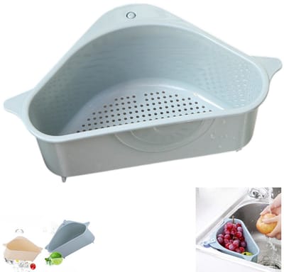 Blauw afdruiprek voor de gootsteen - gootsteenplank - driehoekig plastic opbergrek - wasmand voor groenten en fruit - opbergmand met zuignap - huishoudelijk gebruik