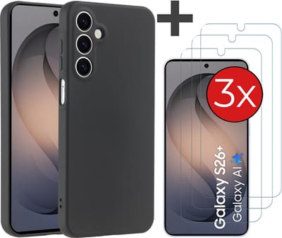 Hoesje geschikt voor Samsung Galaxy S26 Plus hoesje zacht siliconen met 3 Stuks gehard glas Screenprotectors- Arara backcover - Zwart