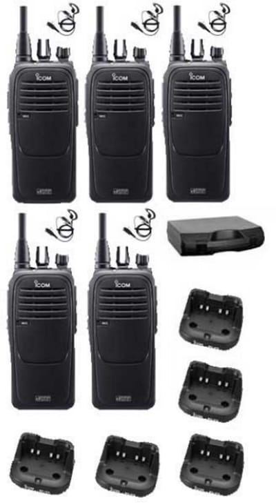 Set van 5 Icom IC-F29DR3 portofoons met G-shape headsets en koffer