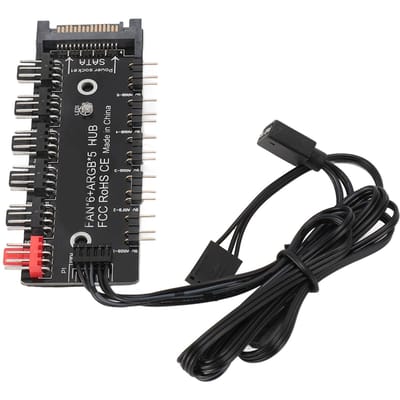 2-in-1 hub/splitter met 5 5V 3-pins ARGB-poorten, 6 12V 4-pins PWM-poorten en een 15-pins SATA-voedingshub voor CPU- en chassiskoeling.