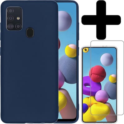 Hoesje - Met Screenprotector - Geschikt voor Samsung Galaxy A21s - Sterk & Shockproof - Back Cover - Siliconen Case - Telefoon Hoes - Telefoonhoesjes - Donkerblauw