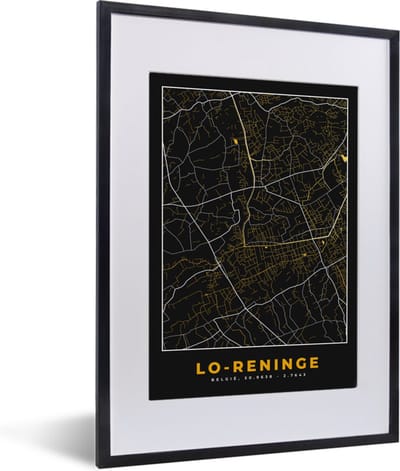 Fotolijst incl. Poster - Kaart - Lo-Reninge - Zwart - Stadskaart - Plattegrond - 30x40 cm - Posterlijst