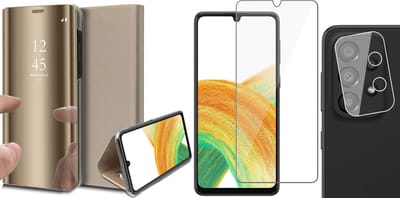 Hoesje geschikt voor Samsung Galaxy A33 - Book Case Spiegel Wallet Cover Hoes Goud - Tempered Glass Screenprotector - Camera Lens Protector