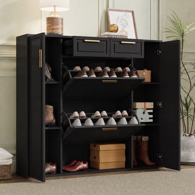 Clruro Schoenenkast - 120 x 24 x 107 cm - 2 Laden en 2 Deuren met Verstelbare Planken - Gouden Grepen - Houtmateriaal - Zwart